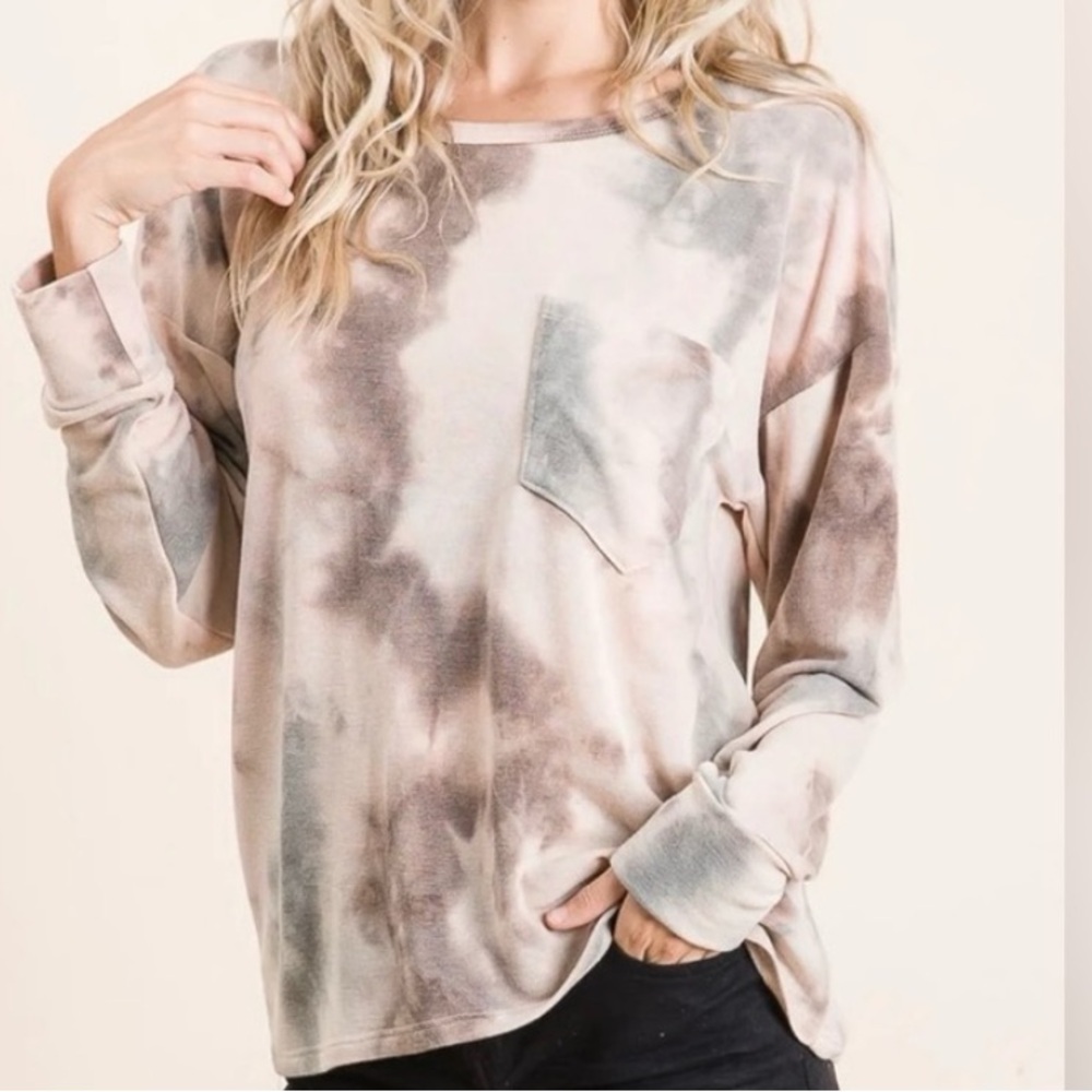 🟠NWT BIBI Tie Dye Print Terry Top in Mocha/Charcoal